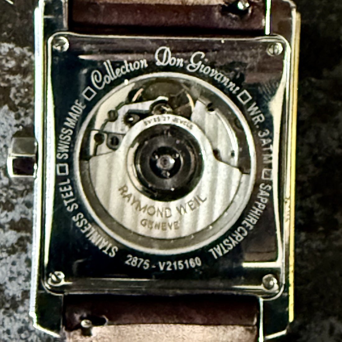 Raymond Weil Don Giovanni caseback showing reference and serial engraving